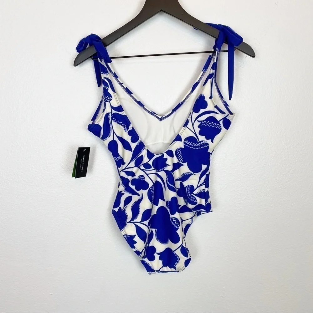 Kate Spade Floral Bow Shoulder Zigzag Blue & White Blueberry Swimsuit